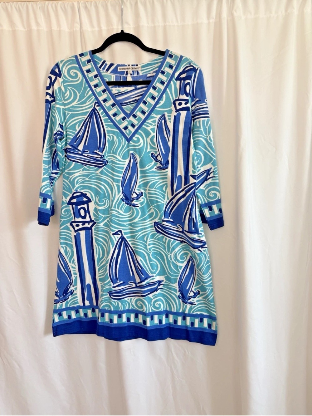 Barbara Gerwit Blue White Sailboat and Lighthouse Tunic Dress - size Large